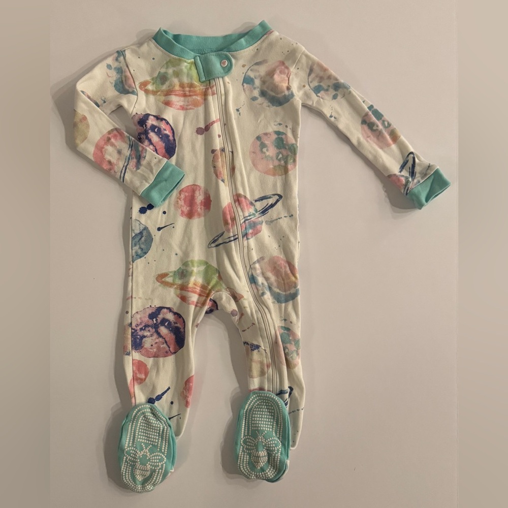 Burt's Bees Baby Watercolor Planet Print Zippered Footie 12M EUC
